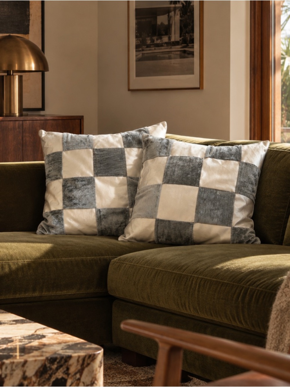 2 Gray and Silver Checkered Decorative Pillows
